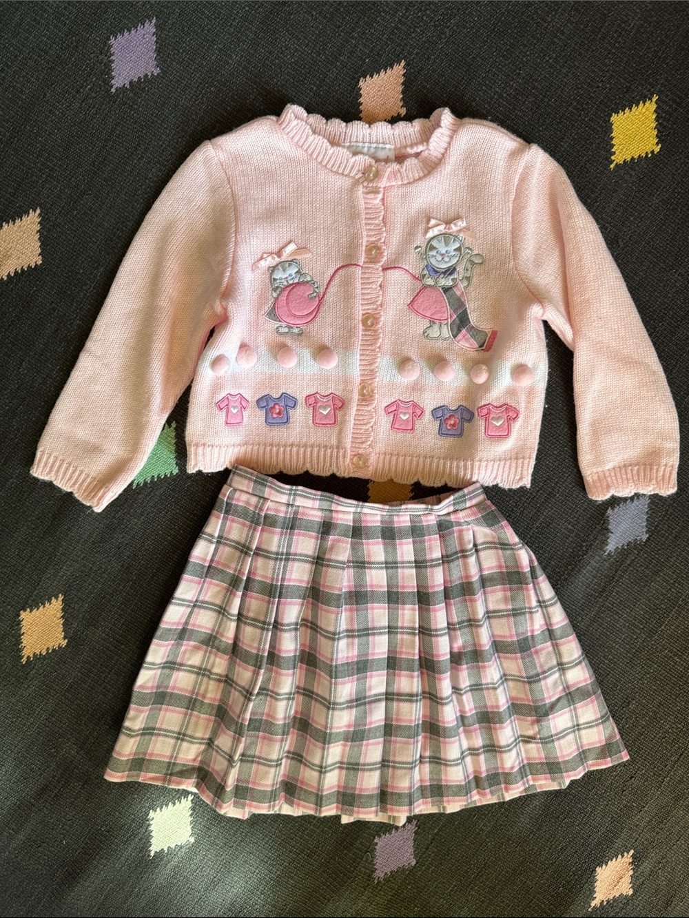 Vintage Sweater Cardigan and Plaid Skirt Matching Pink Cats